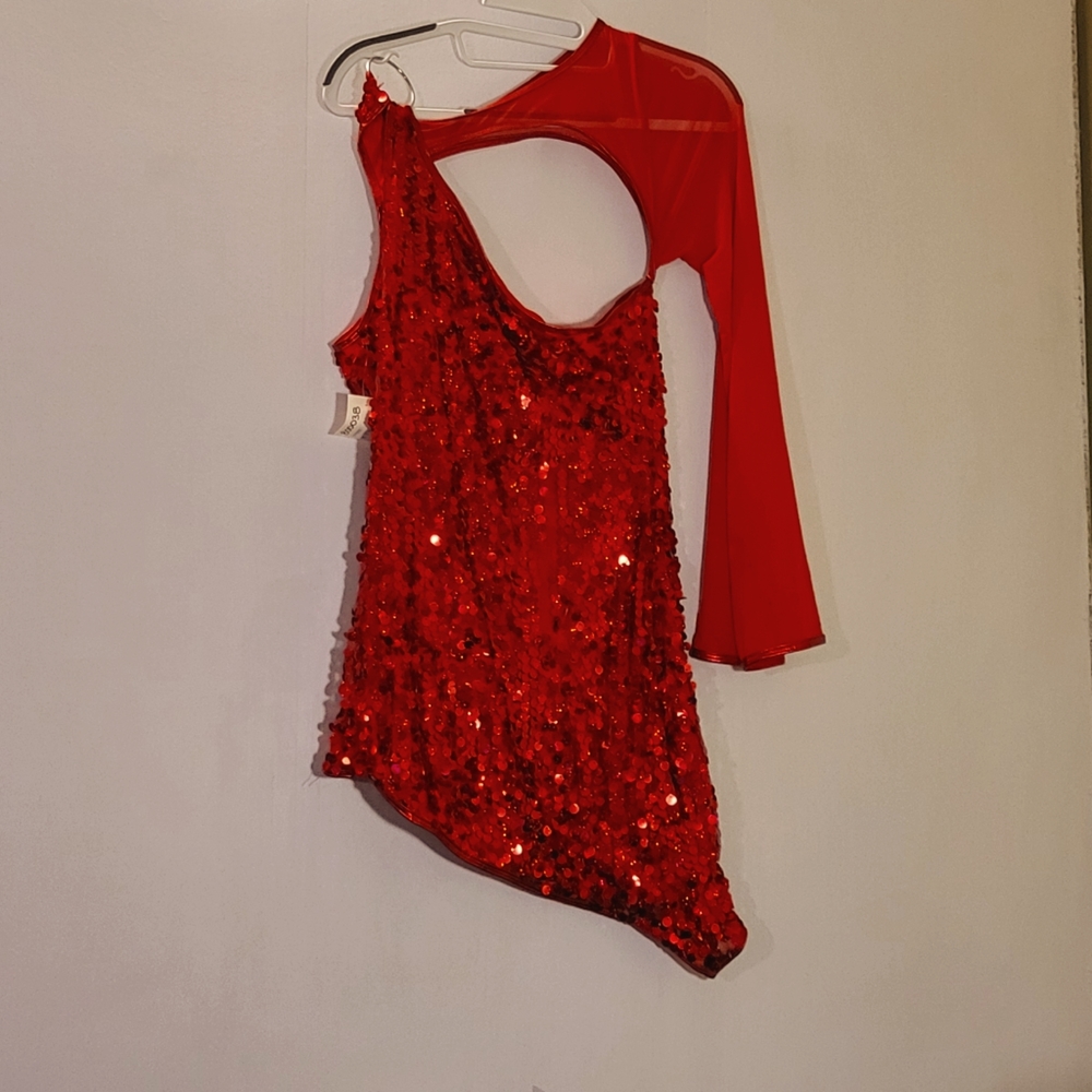 COSTUME striking red sparkly dress, one sleeve, circle connector accent, NWT